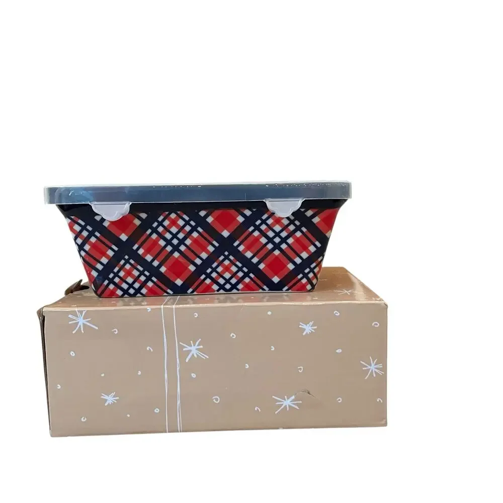 Temptations by Tara Mini Ceramic Loaf Pan w/ Lid 12oz Holiday Plaid Bakeware NEW